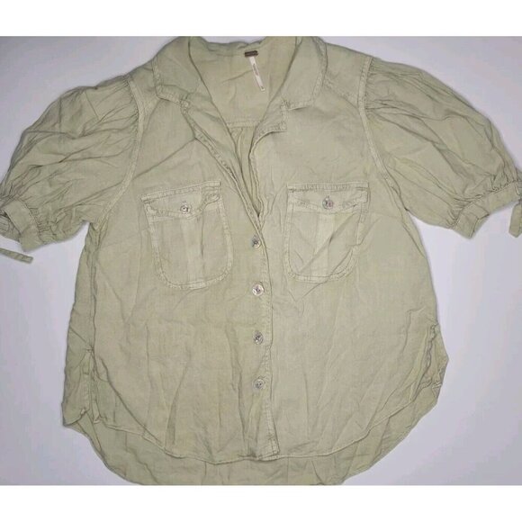 FREE PEOPLE WOMEN'S GREEN ELBOW SLEEVE SAFARI BABE TOP Sz XS - Picture 2 of 4